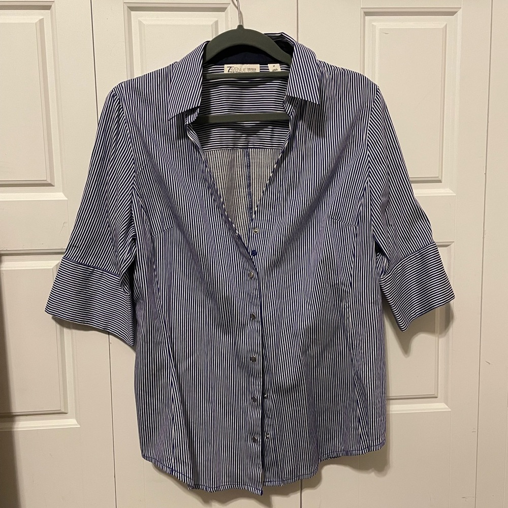 Blue and White Striped Snap Up Blouse